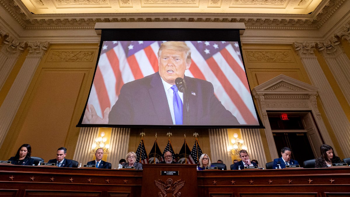 Former U.S. President Donald Trump is displayed on a screen during a meeting of the Select Committee to Investigate the January 6th Attack on the U.S. Capitol in the Canon House Office Building on Capitol Hill on December 19, 2022 in Washington, DC.