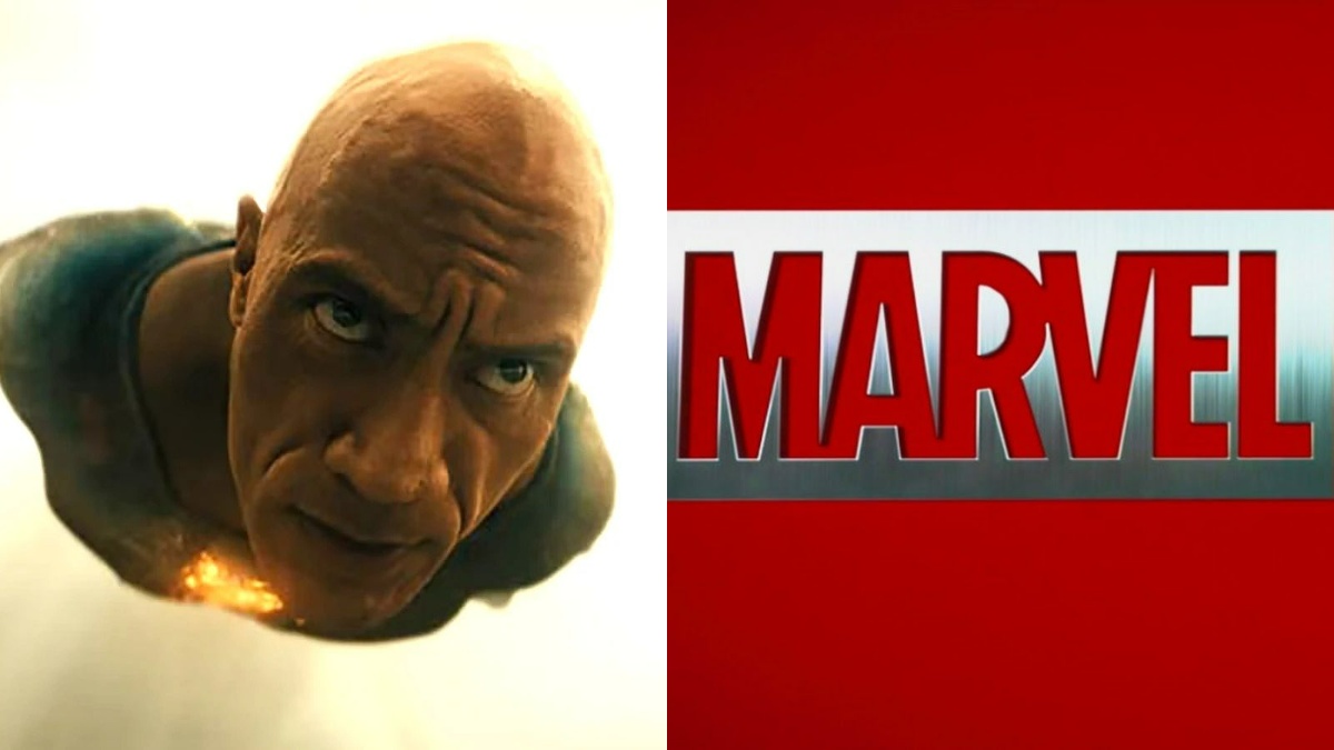 Dwayne Johnson in 'Black Adam'/Marvel Studios logo