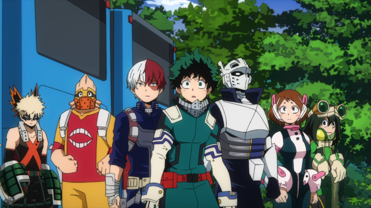 Katsuki Bakugo, Koji Koda, Shoto Todoroki, Izuku Midoriya, Tenya Ilda, Ochaco Uraraka, and Tsuyu Asui from My Hero Academia