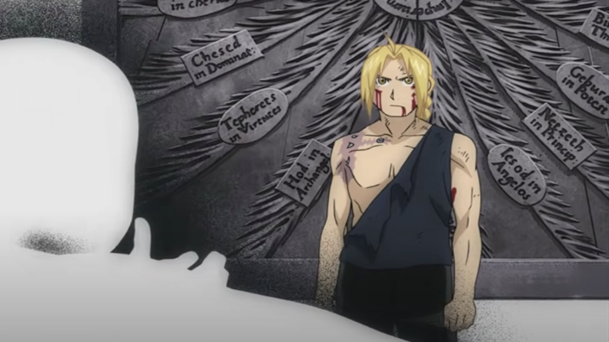 A character has blood in his face in Fullmetal Alchemist: Brotherhood. 