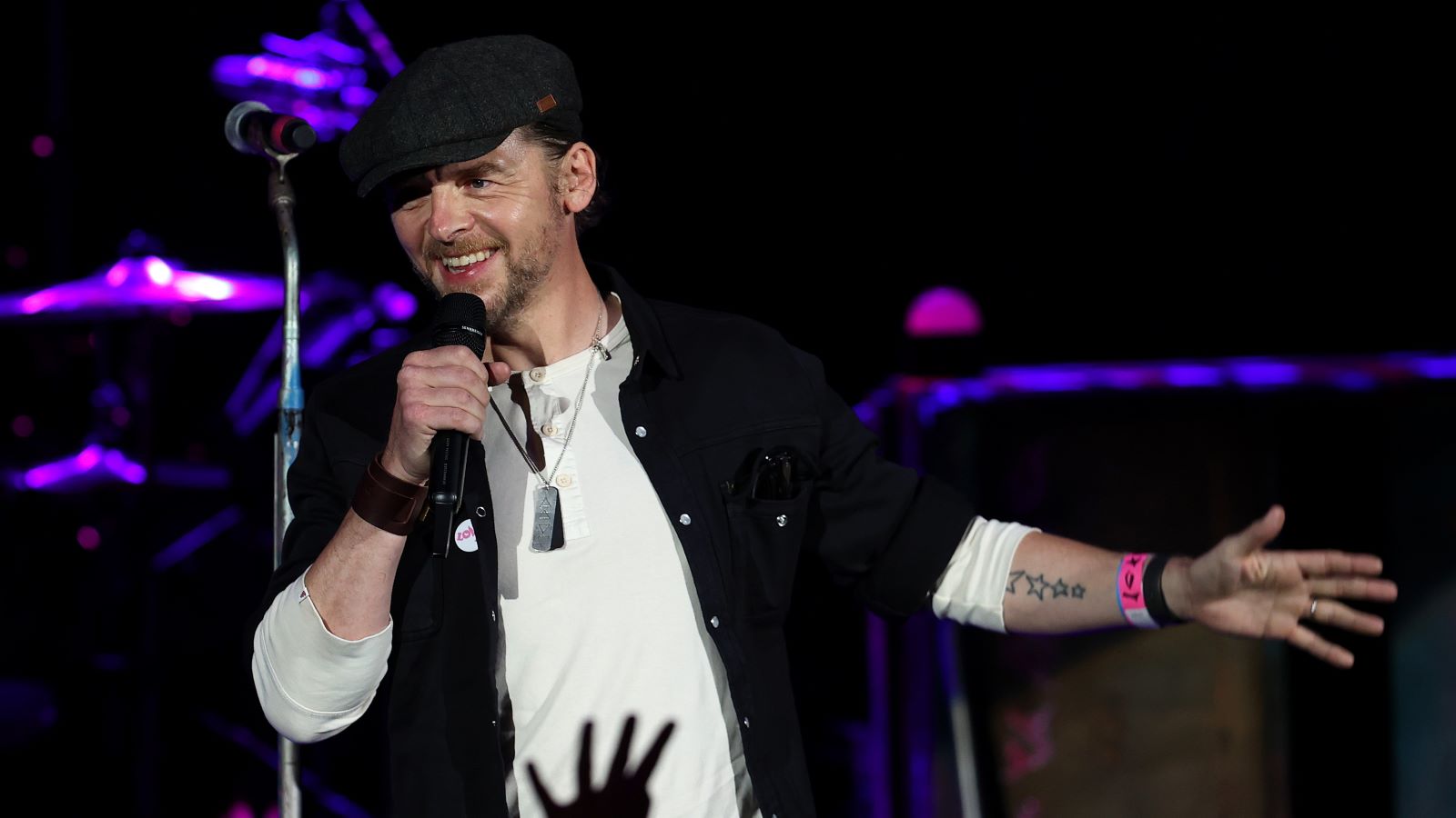 Simon Pegg introduces Coldplay stage at O2 Arena Shepherd's Bush Empire on October 12, 2021 in London, England. Coldplay celebrate the release of their forthcoming 'Music of The Spheres' album with a special, one-off show for fans. All ticket proceeds go to ClientEarth. (Photo by Simone Joyner/Getty Images)