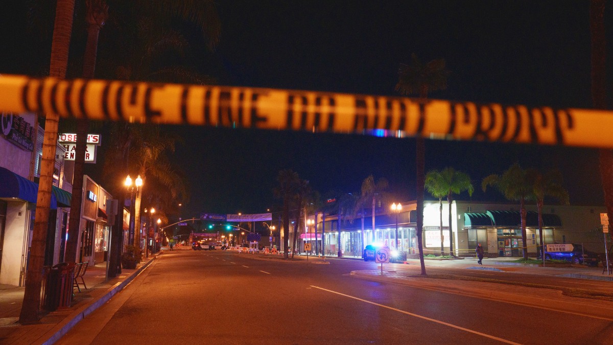 MONTEREY PARK, CA - JANUARY 22: Law enforcement at the scene of a shooting on January 22, 2023 in Monterey Park, California. Ten people have been shot dead during at a gathering celebrating the Chinese lunar new year.