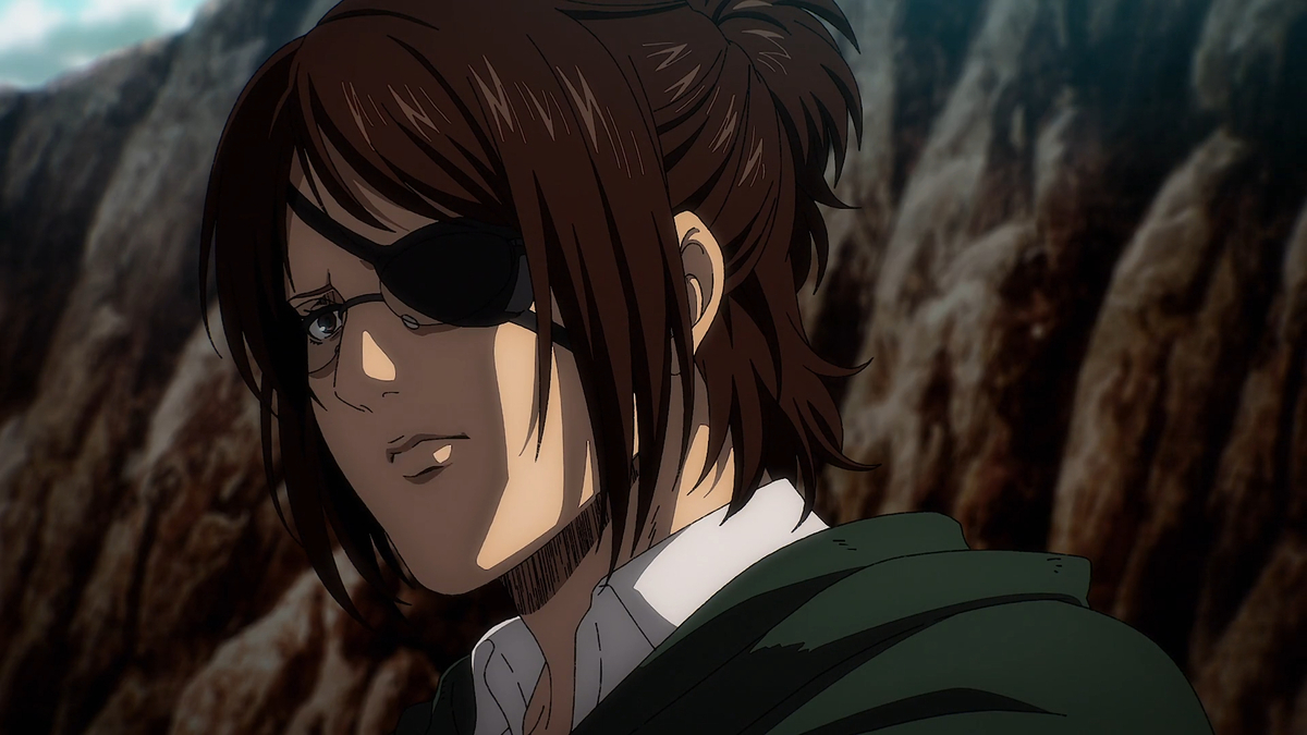 Hange Zoe looking serious in 'Attack on Titan: The Final Season'.