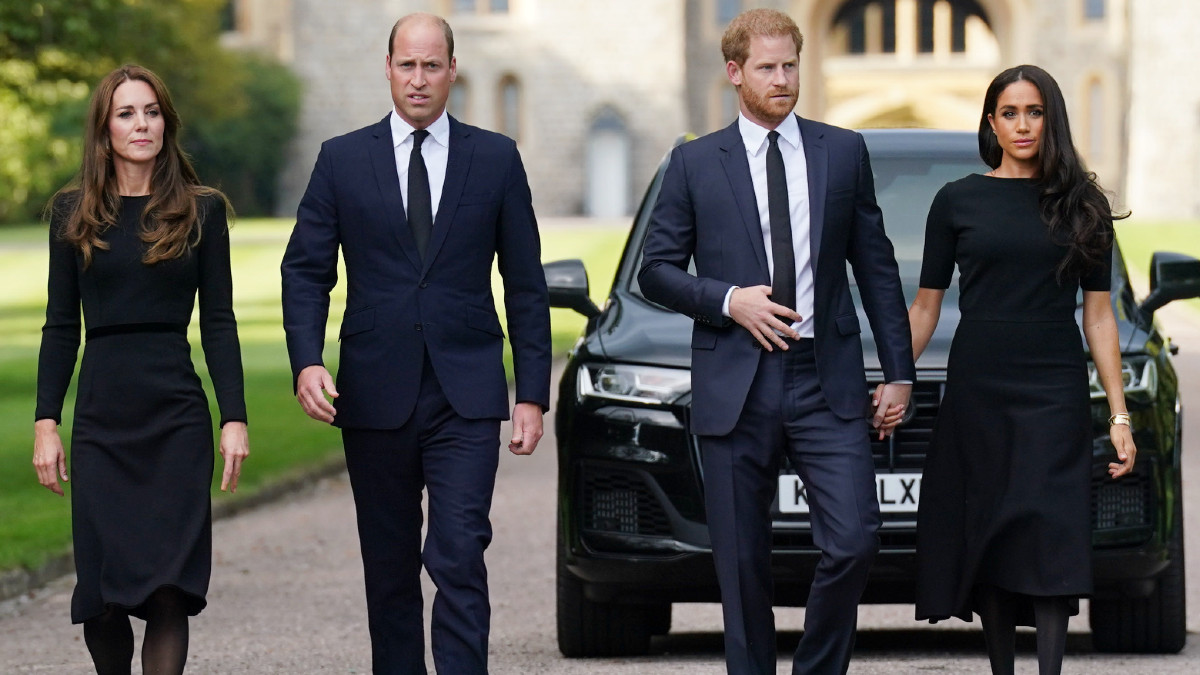 Catherine, Princess of Wales, Prince William, Prince of Wales, Prince Harry, Duke of Sussex, and Meghan, Duchess of Sussex on the long Walk at Windsor Castle on September 10, 2022 in Windsor, England.