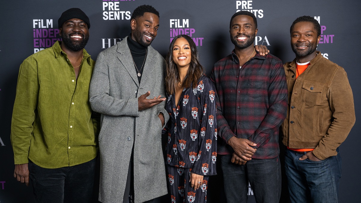 LOS ANGELES, CALIFORNIA - NOVEMBER 16: (L-R) Actor Shamier Anderson, writer / director Mo McRae, actors Lex Scott Davis and Y’lan Noel and executive producer David Oyelowo attend the Film Independent Special Screening of "A Lot Of Nothing" at AMC The Grove 14 on November 16, 2022 in Los Angeles, California.