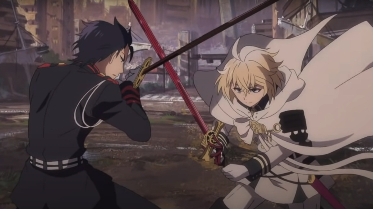 Mika crosses swords with Guren Ichinose. 