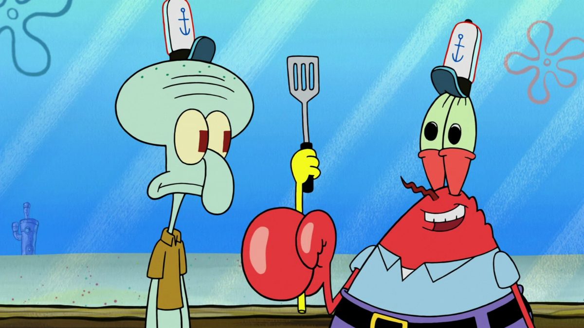 Mr Krabs speaks with Squidward while holding Spongebob's disembodied hand holding a spatula in Spongebob SquarePants