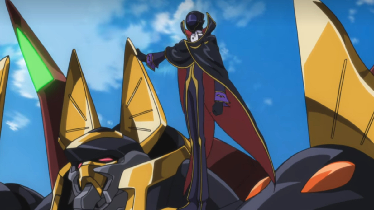 Zero stands atop a Knightmare Frame in Code Geass.