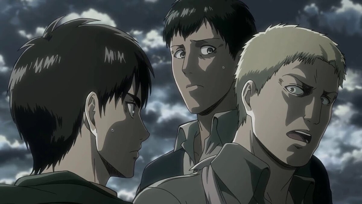 Reiner reveals his and Bertholdt's titan identities to Eren in 'Attack on Titan'.