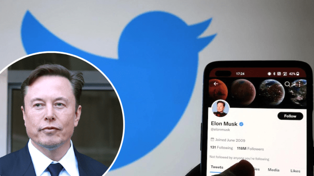 Elon Musk against a Twitter backdrop featuring his account.