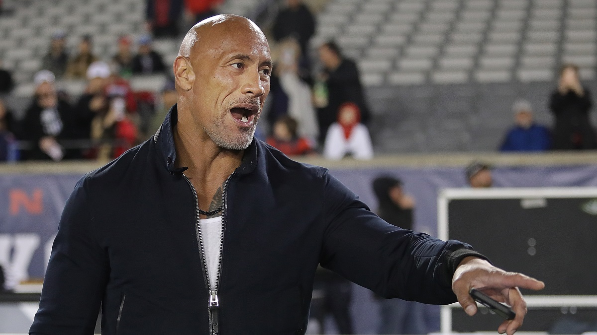 HOUSTON, TEXAS - FEBRUARY 18: XFL co-owner Dwayne "The Rock" Johnson make an appearance at TDECU Stadium as the Houston Roughnecks play the Orlando Guardia on February 18, 2023 in Houston, Texas.