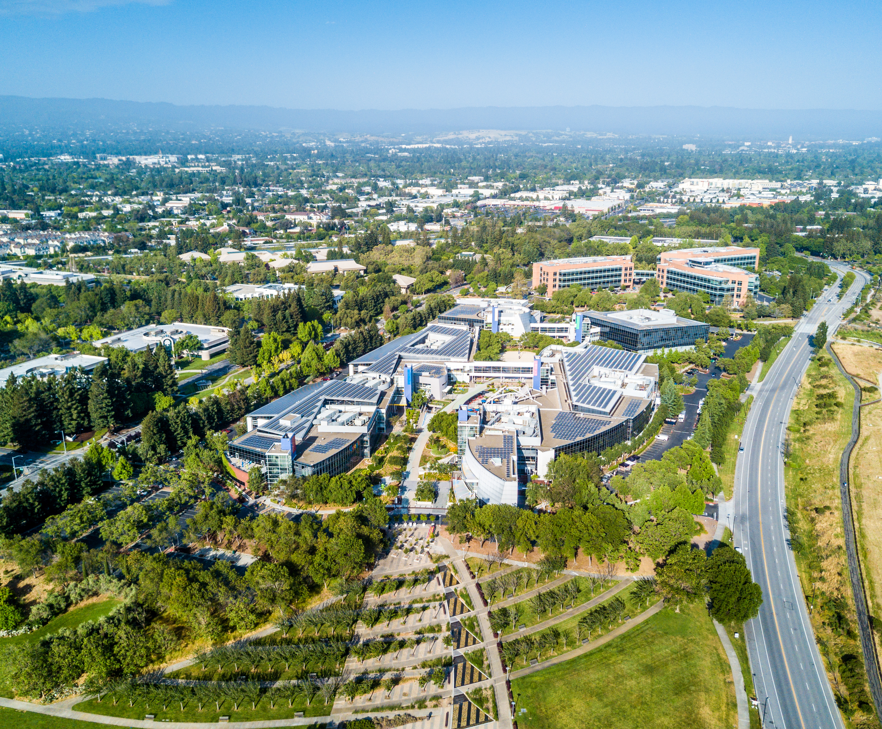 Mountain View, Ca/USA May 7, 2017: Googleplex - Google Headquarters office buildings seen from the above