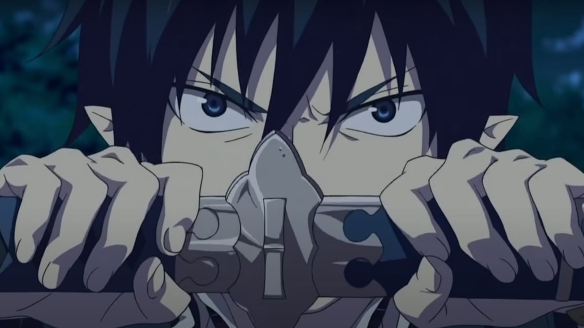 Rin Okumura holding his sword in front of his face in 'Blue Exorcist.'