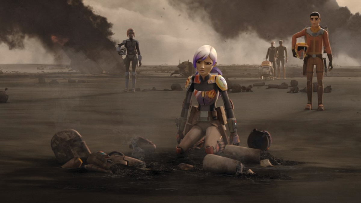 Sabine mourns a fallen Mandalorian Star Wars: Rebels/ Disney Plus