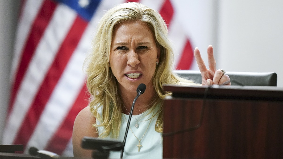 ATLANTA, GEORGIA - APRIL 22: U.S. Rep. Marjorie Taylor Greene speaks during a court hearing on April 22, 2022 in Atlanta, Georgia. U.S. Rep. Greene is appearing at the hearing in a challenge filed by voters who say she shouldn't be allowed to seek reelection because she helped facilitate the attack on the Capitol that disrupted the certification of Joe Biden's presidential victory.