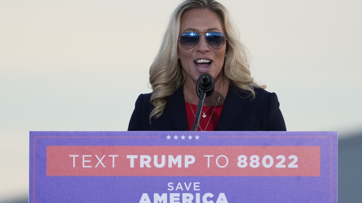 VANDALIA, OHIO - NOVEMBER 7: U.S. Rep. Marjorie Taylor Greene speaks during a rally by U.S. President Donald Trump at the Dayton International Airport on November 7, 2022 in Vandalia, Ohio. Trump is in Ohio campaigning for Republican candidates, including U.S. Senate candidate JD Vance who faces U.S. Rep. Tim Ryan (D-OH) in tomorrow's general election.