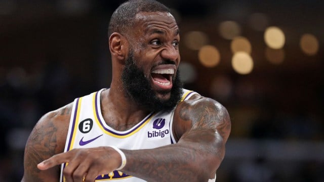 LeBron James #6 of the Los Angeles Lakers against the Memphis Grizzlies during Game One of the Western Conference First Round Playoffs at FedExForum on April 16, 2023 in Memphis, Tennessee.