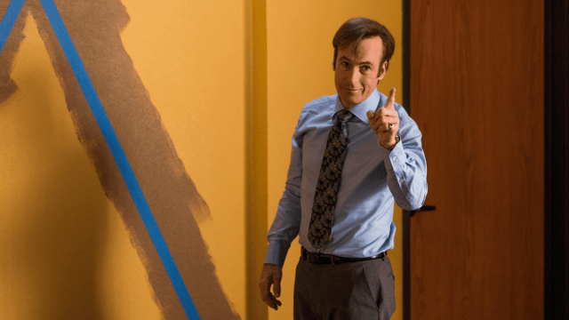 Saul (Bob Odenkirk) points at someone off-screen
