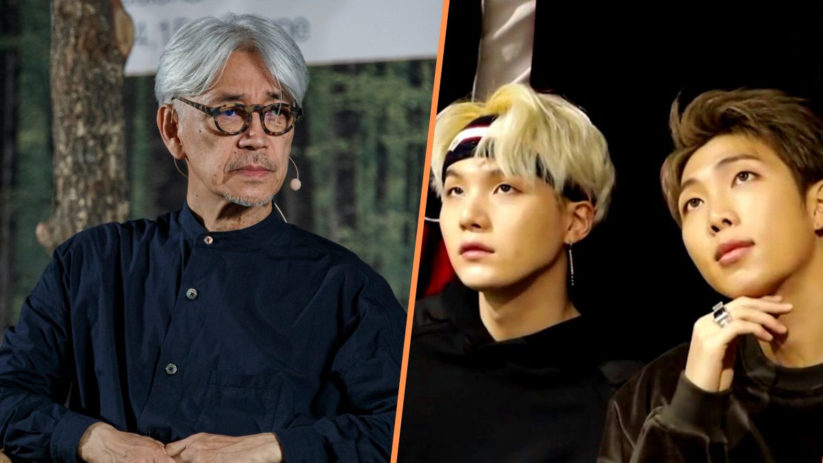 Ryuchi Sakamoto and BTS' RM and Suga. BARCELONA, SPAIN - JUNE 15: Ryuichi Sakamoto attends a conference at Sonar Festival on June 15, 2018 in Barcelona, Spain.