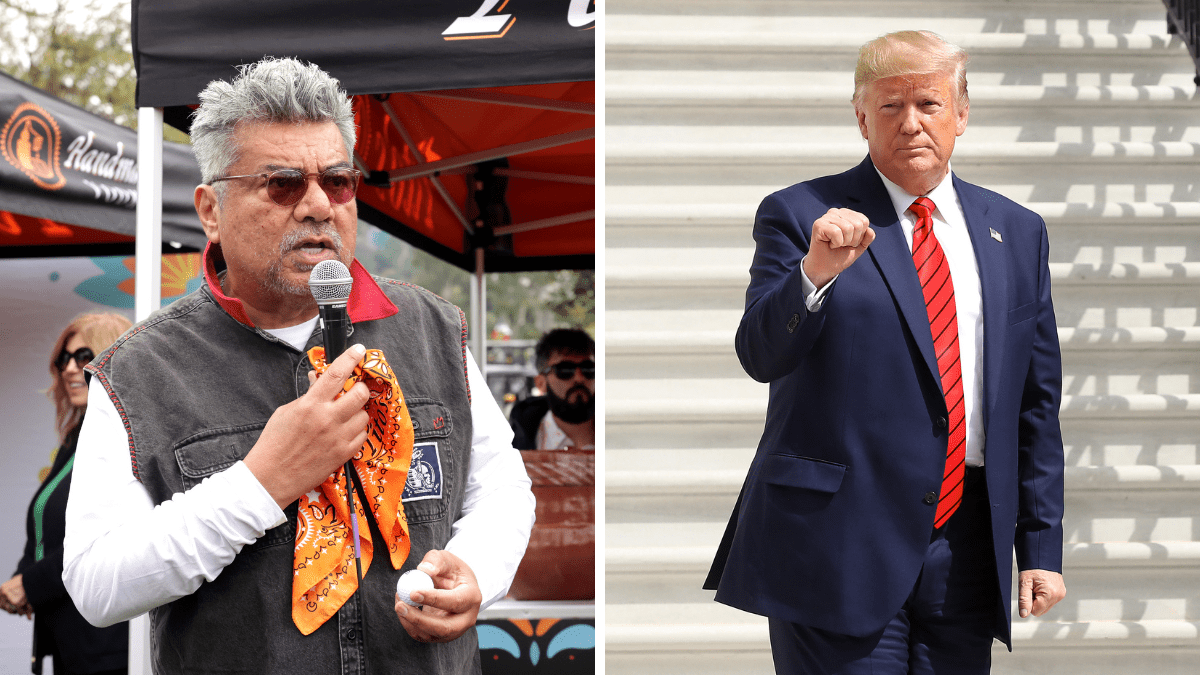 TOLUCA LAKE, CALIFORNIA - MAY 01: George Lopez attends 16th Annual George Lopez Foundation Celebrity Golf Classic at Lakeside Golf Club on May 01, 2023 in Toluca Lake, California. / WASHINGTON, DC - SEPTEMBER 26: U.S. President Donald Trump gestures as he returns to the White House after attending the United Nations General Assembly on September 26, 2019 in Washington, DC. Earlier today the Acting Director of National Intelligence Joseph Maguire testified before the House Intelligence Committee about a whistleblower complaint reportedly based on U.S. President Donald Trump pressuring Ukraine President Volodymyr Zelensky to investigate leading Democrats as “a favor” to him during a recent phone conversation.