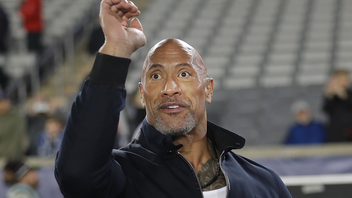 HOUSTON, TEXAS - FEBRUARY 18: XFL co-owner Dwayne "The Rock" Johnson make an appearance at TDECU Stadium as the Houston Roughnecks play the Orlando Guardia on February 18, 2023 in Houston, Texas.