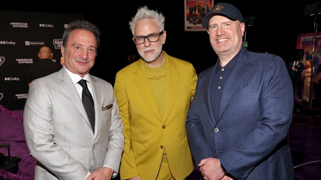 HOLLYWOOD, CALIFORNIA - APRIL 27: (L-R) Marvel Studios Co-President Louis D'Esposito, James Gunn, and Marvel Studios President Kevin Feige attend the Guardians of the Galaxy Vol. 3 World Premiere at the Dolby Theatre in Hollywood, California on April 27, 2023.