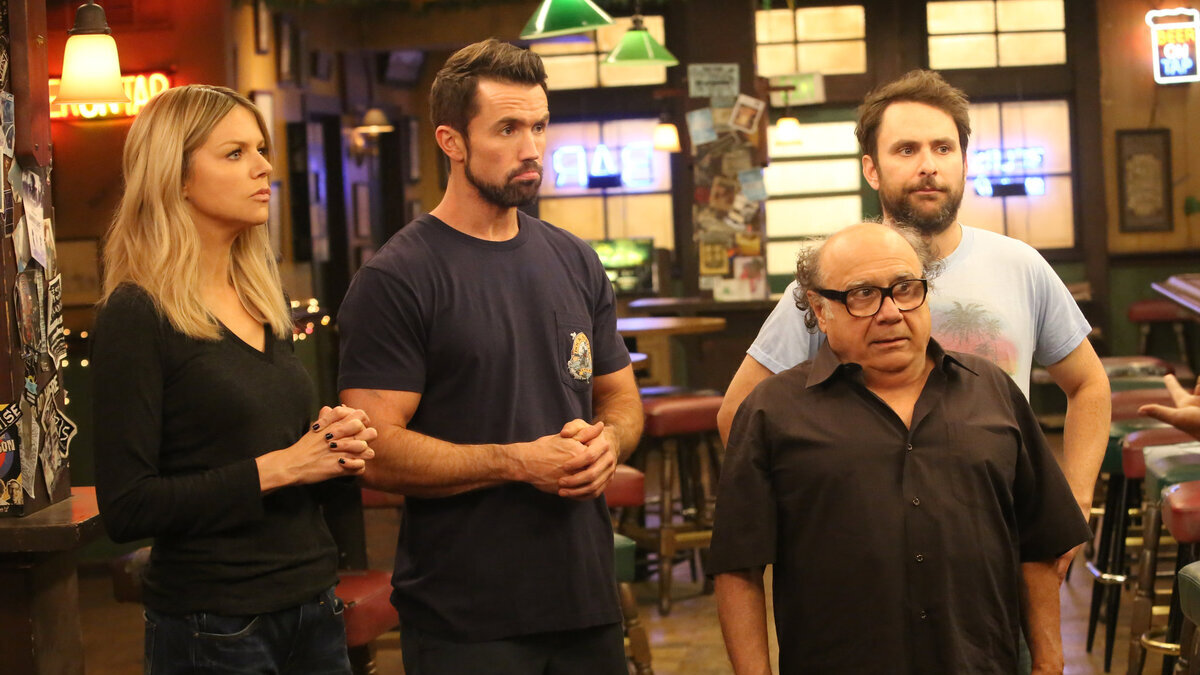 Kaitlin Olson as Dee Reynolds, Rob McElhenney as Ronald "Mac" McDonald, Danny DeVito as Frank Reynolds, and Charlie Day as Charlie Kelly in season 13 of 'It's Always Sunny in Philadelphia'