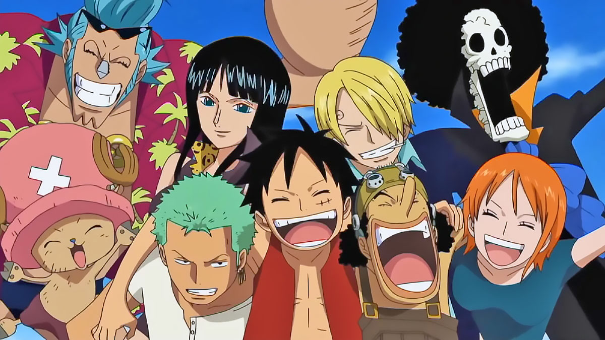 One Piece Straw Hats smiling while holding each other