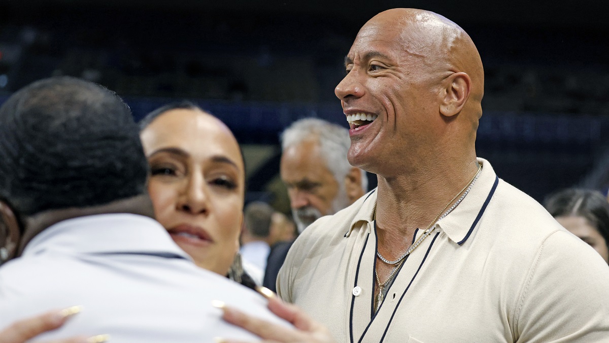 SAN ANTONIO, TX - MAY 13 : Dwayne Johnson makes an appearance before the start of the XFL Championship game at the Alamodome between Arlington Renegades and DC Defenders on May 13 2023 in San Antonio, Texas.