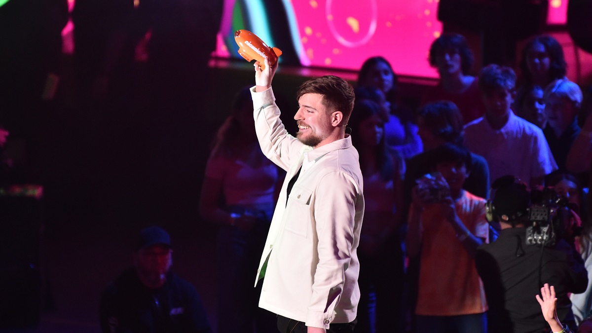 LOS ANGELES, CALIFORNIA - MARCH 04: MrBeast speaks onstage during the 2023 Nickelodeon Kids' Choice Awards at Microsoft Theater on March 04, 2023 in Los Angeles, California.