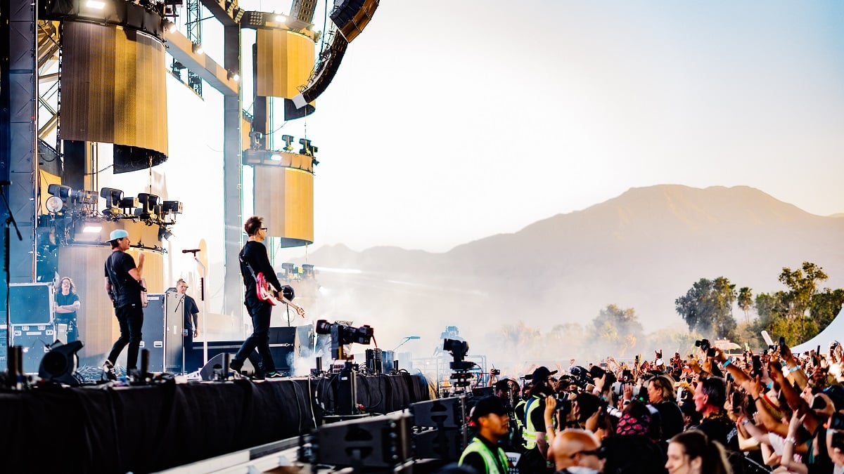 INDIO, CALIFORNIA - APRIL 14: Mark Hoppus and Tom DeLonge of Blink-182 performs at the Sahara Tent during the 2023 Coachella Valley Music and Arts Festival on April 14, 2023 in Indio, California.