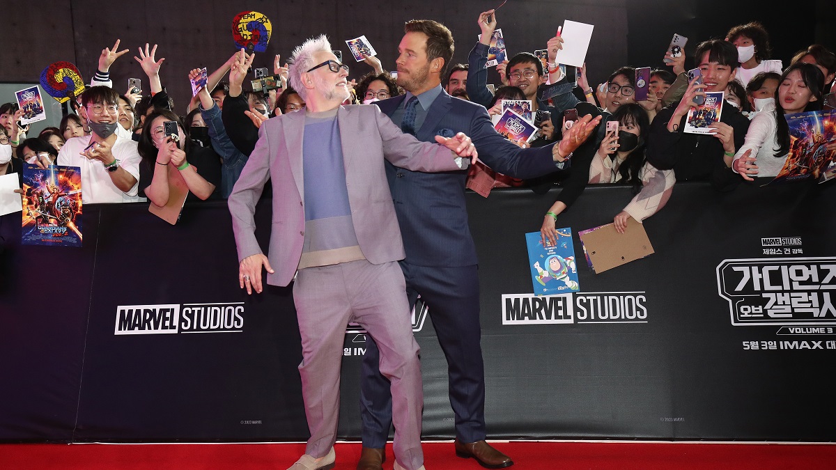 SEOUL, SOUTH KOREA - APRIL 19: Director James Gunn and Chris Pratt attend the Seoul premiere of "Guardians Of The Galaxy Vol.3" at Dongdaemun Design Plaza on April 19, 2023 in Seoul, South Korea.