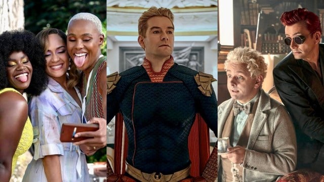 A split image of Angie, Quinn and Tye, Homelander, and Aziraphale and Crowley