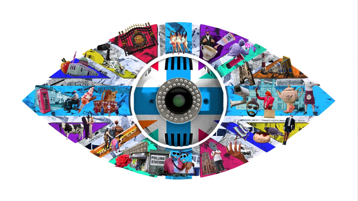 Big Brother UK logo 2023 - eye with UK flag shape, containing various British landmarks