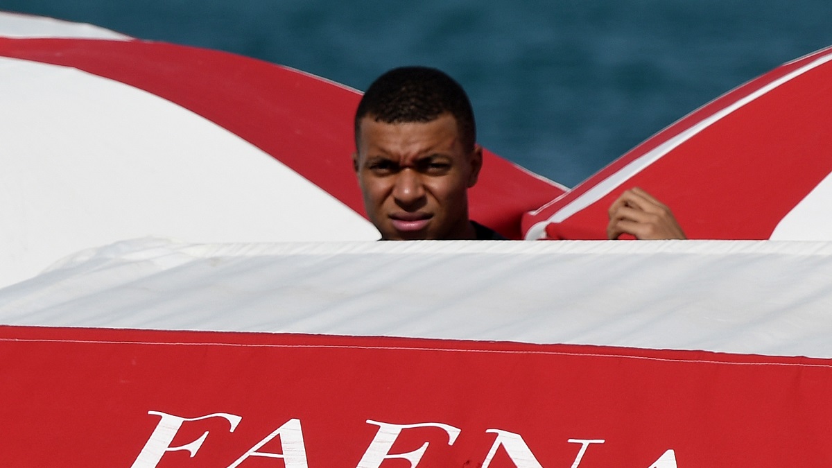 MIAMI BEACH, FL - JULY 1: Kylian Mbappe is seen on July 1, 2023 in Miami Beach, Florida. 