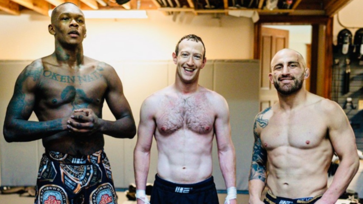 Mark Zuckerberg with Israel Adesanya and Alexander Volkanovski