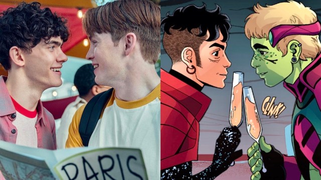A split image of Heartstopper’s Charlie and Nick staring into each others’ eyes, and Marvel Comics’ Wiccan and Hulkling clinking their champagne glasses.