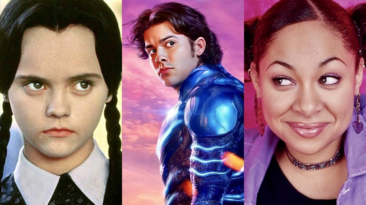 A split image of Christina Ricci as Wednesday Addams, Xolo Maridueña as Blue Beetle, and Raven-Symoné as Raven Baxter