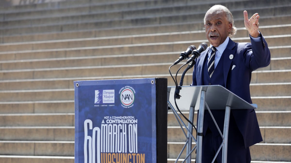 The Rev. Al Sharpton speaks during the 60th Anniversary Of The March On Washington at the Lincoln Memorial on August 26, 2023 in Washington, DC. The march commemorates the 60th anniversary of Dr, Martin Luther King Jr.'s "I Have a Dream" speech and the 1963 March on Washington for Jobs and Freedom where more than a quarter million people marched on the National Mall for civil rights. 