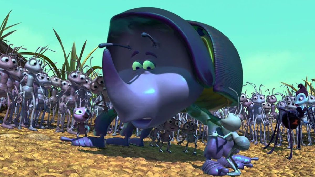 Beetle from "A Bug's Life" surrounded by ants.