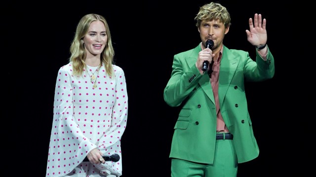 LAS VEGAS, NEVADA - APRIL 26: Ryan Gosling (L) and Emily Blunt speak onstage to promote the upcoming film "The Fall Guy" during the Universal Pictures and Focus Features presentation during CinemaCon, the official convention of the National Association of Theatre Owners, at The Colosseum at Caesars Palace on April 26, 2023 in Las Vegas, Nevada.