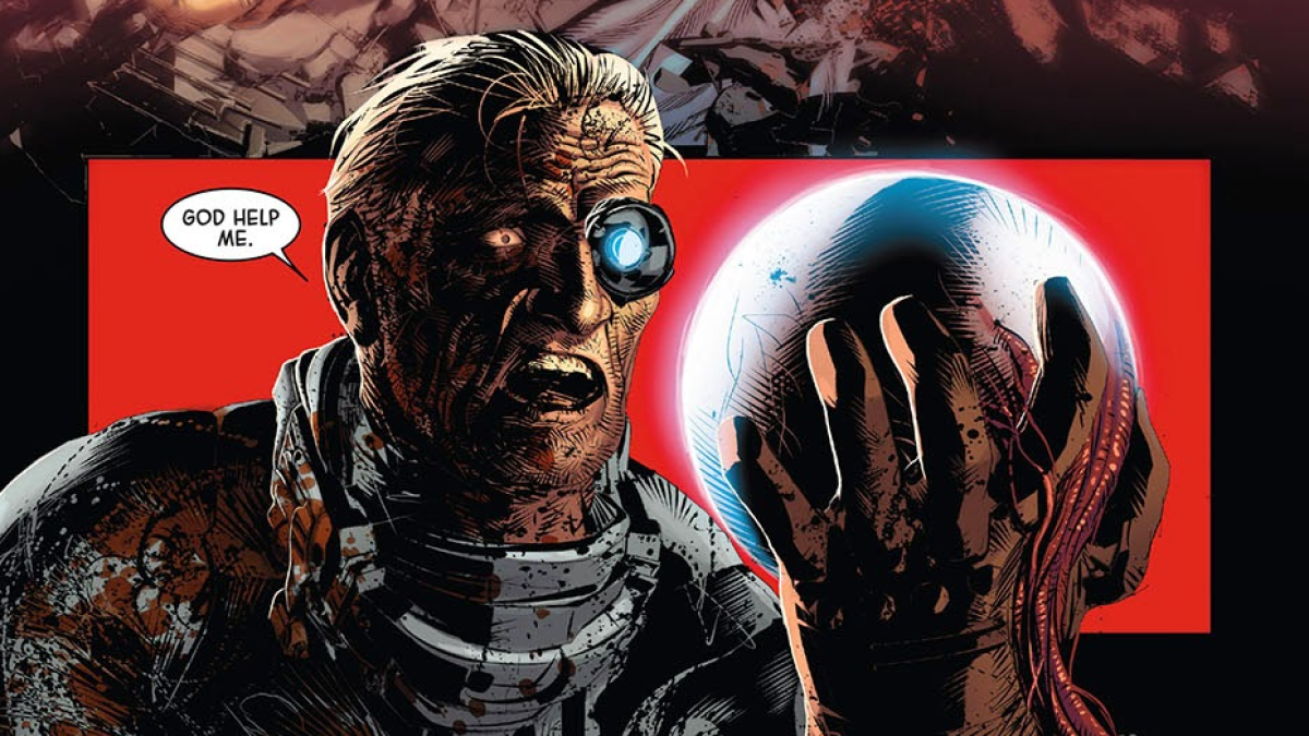 Nick Fury holding a giant eyeball, aghast