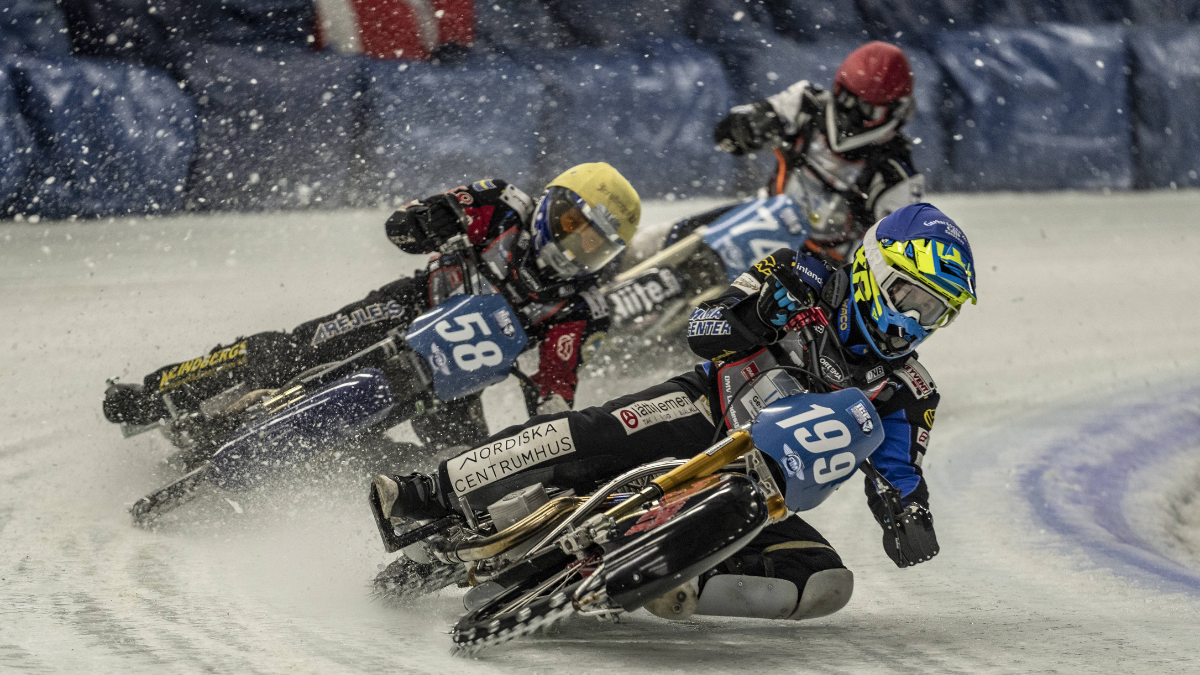 INZELL, GERMANY - MARCH 18: Stefan Svensson of Sweden and Martin Haarahiltunen of Sweden during the FIM Ice Speedway World Championship on March 18, 2023 in Inzell, Germany.