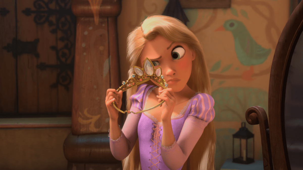 Rapunzel from 'Tangled' eyeing a tiara suspiciously