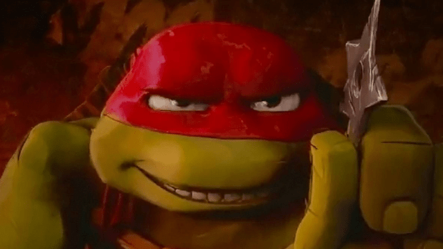 Raphael in "Teenage Mutant Ninja Turtles: Mutant Mayhem" aiming a shurikan