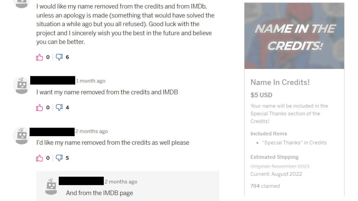 Donors request to have their names removed from 'Spider-Man: Louts' credits and IMDB page.