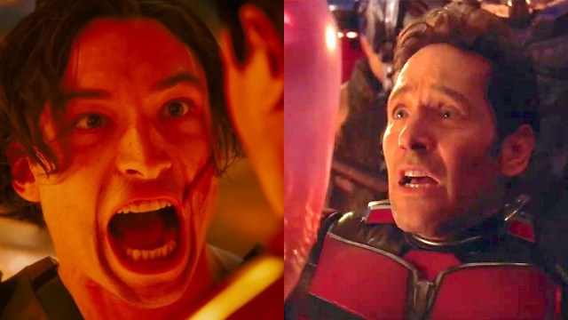 Ezra Miller screams as Barry Allen 2 in The Flash/Paul Rudd's Scott Lang looks scared in Quantumania
