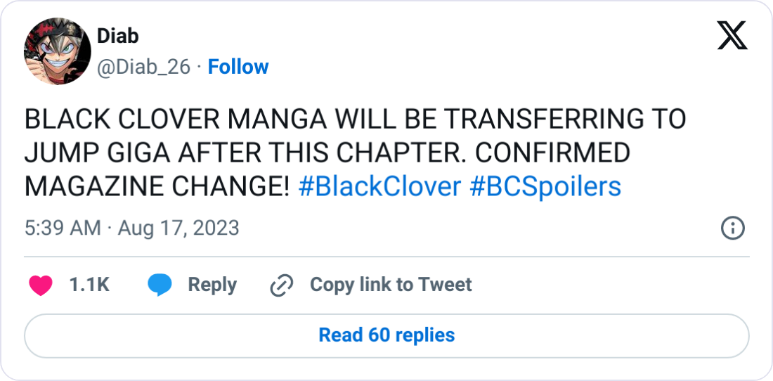 Black Clover twitter post