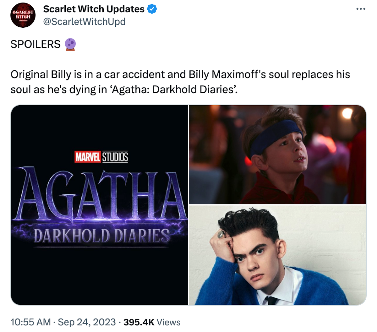 A screenshot of a Twitter post in which Joe Locke and Julian Hilliard are pictured alongside the logo for Agatha Darkhold Diaries 
