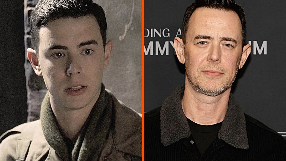 Montage of actor Colin Hanks with images from his character in 'Band of Brothers' and a red carpet appearance in 2023.